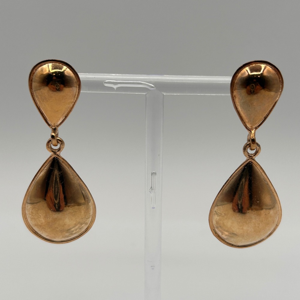 Gold Tone Double Teardrop Dangle Earrings Polished Statement Drops 2 Inch